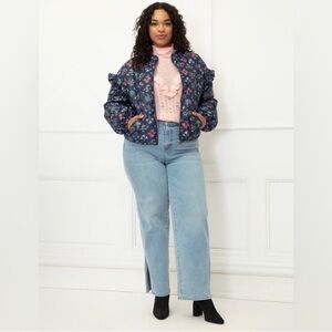 Eloquii women’s Floral Blue Puffer Bomber Jacket, size 14 plus size winter coat